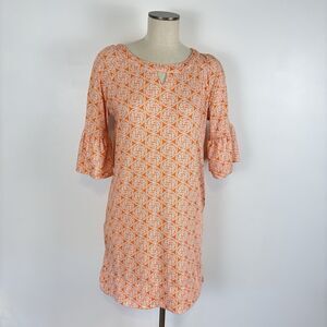 Erma's Closet Women's Medium Orange White Printed Bell Sleeve Cut Out Dress